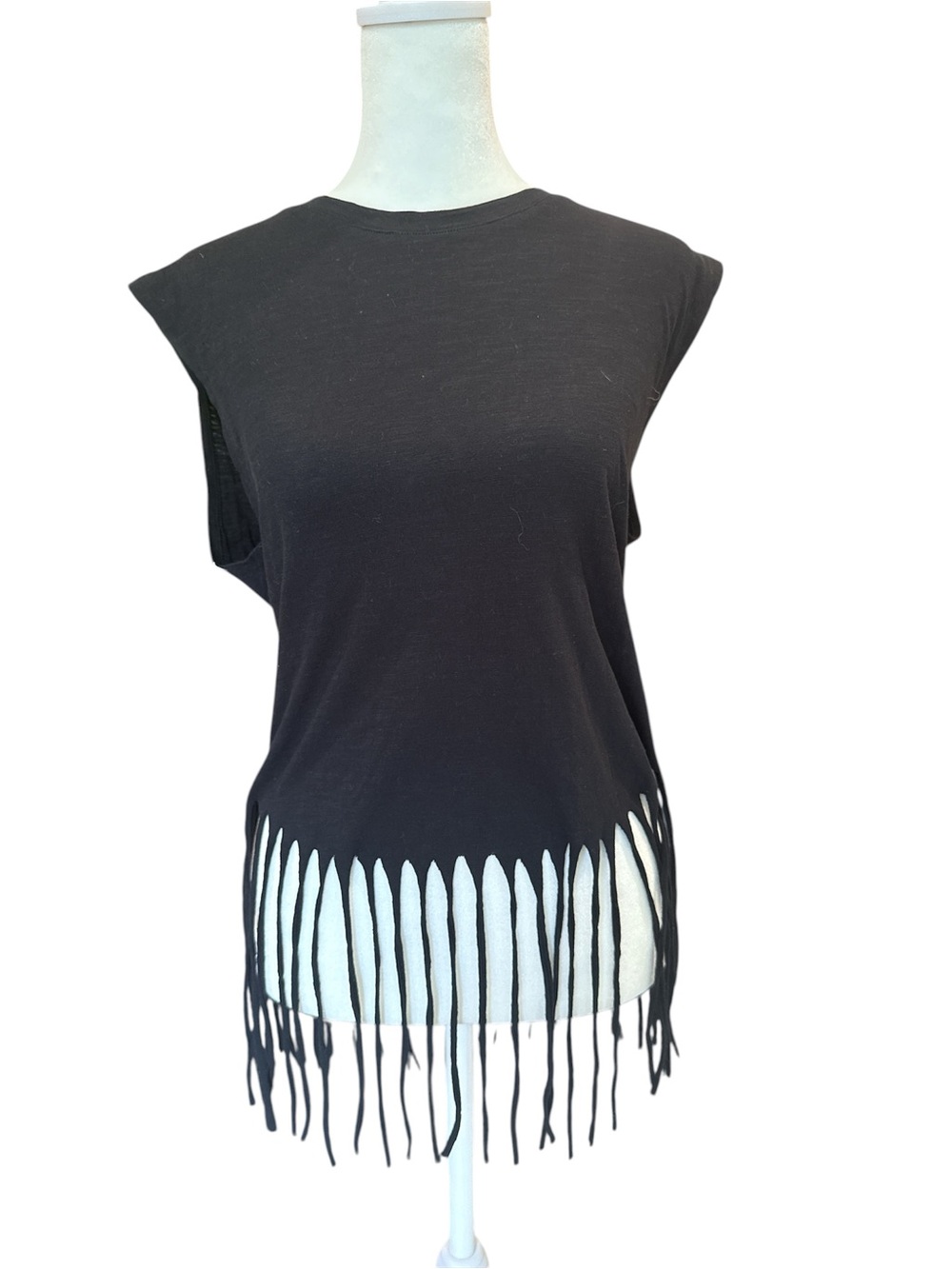 Pepin Black Short Sleeve Tee with Fringe Hem